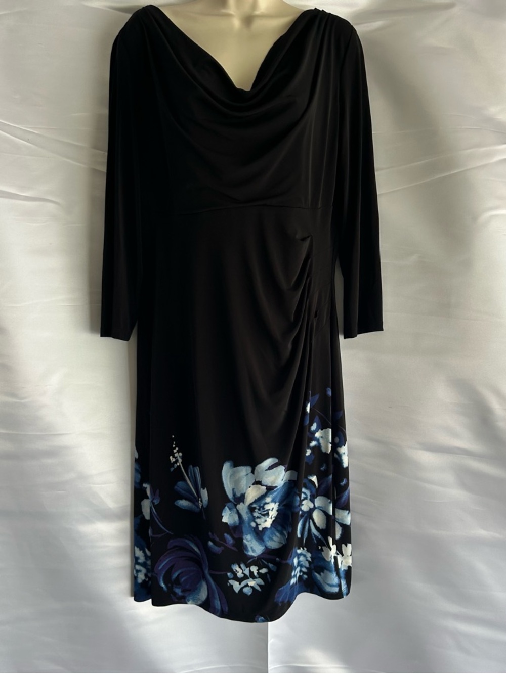 Lauren Ralph Lauren Black Floral Hem Sheath Dress Ruched Jersey Stretch | Sz 16